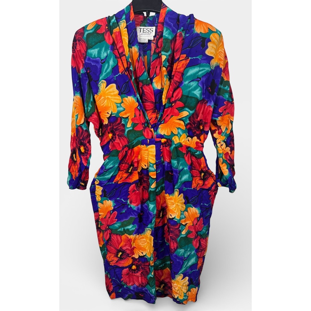 Tess Dress Vintage 100% Silk Floral Long Sleeve Midi Dress Purple Teal Size 8